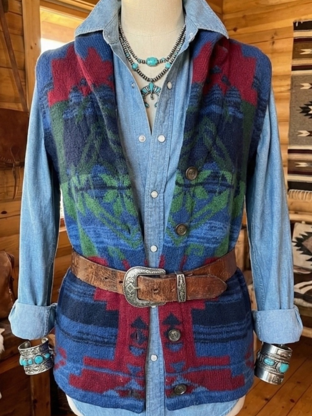 Chaps Southwestern Button Vest in Blue, Green & Red